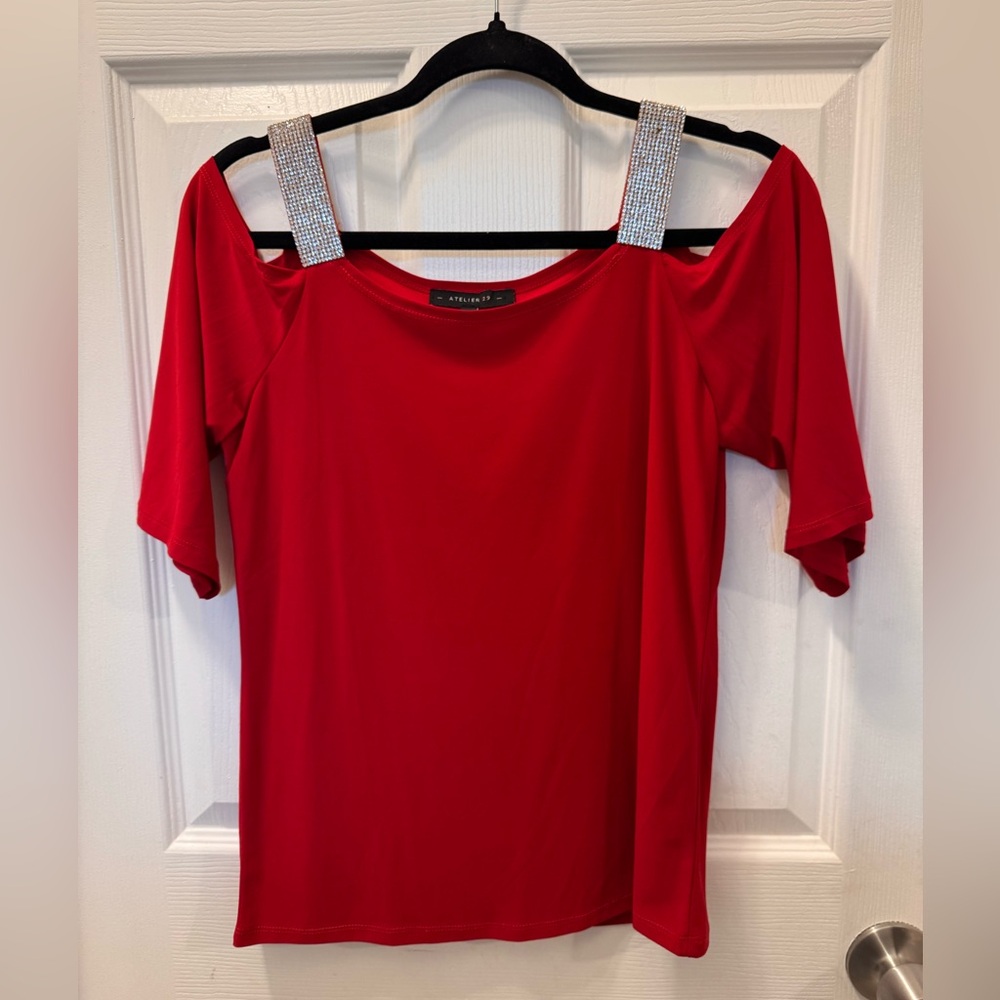 Atelier-29 Red Off-Shoulder Blouse with Embellished Straps